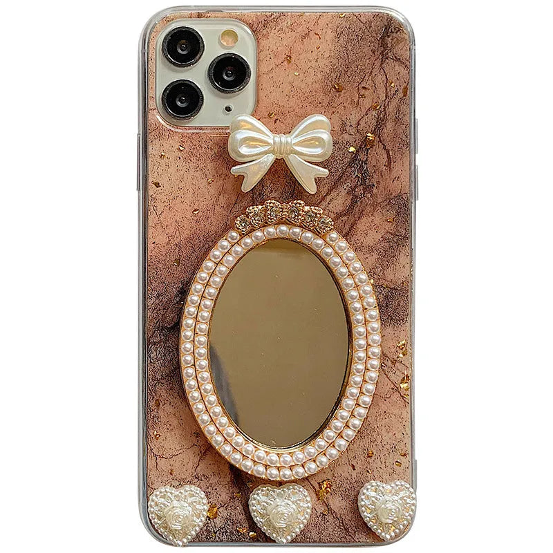 Brown marble bowknot rhinestone mirror silicone case for Apple iPhone on white background