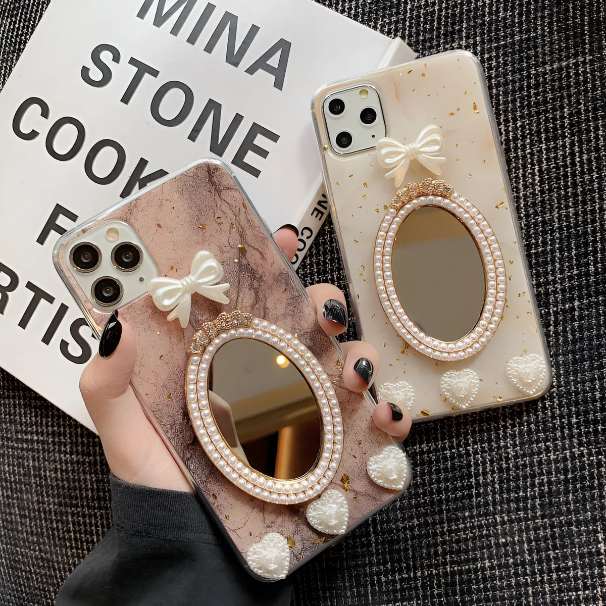 Brown marble bowknot rhinestone mirror silicone case for Apple iPhone on white background