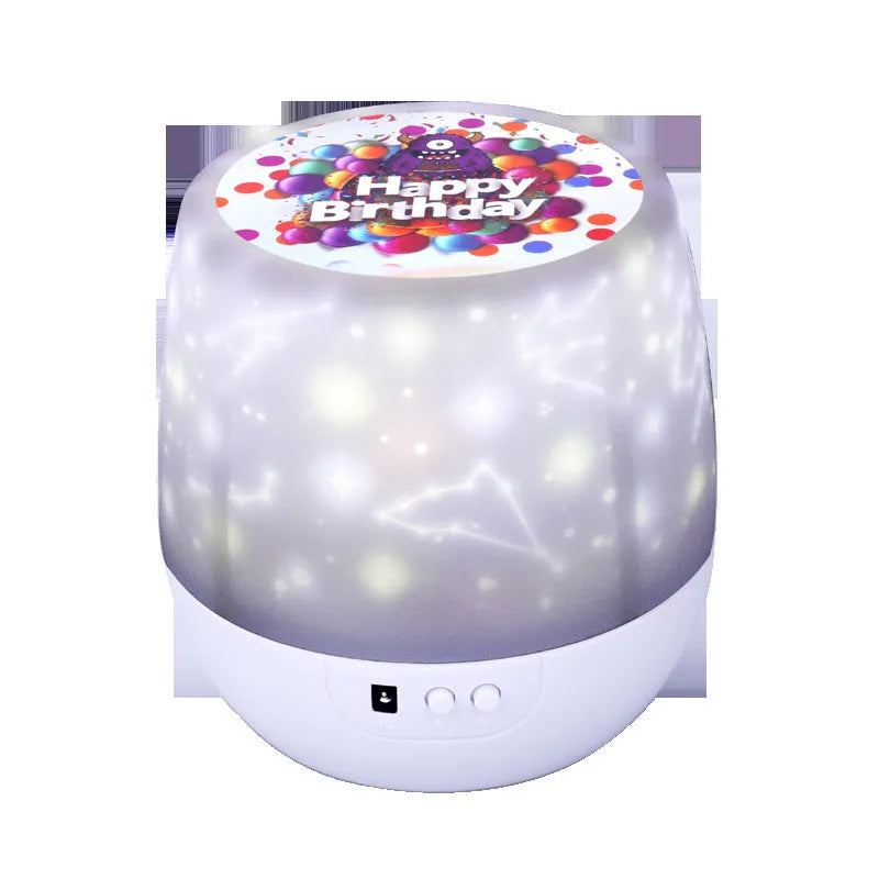 Starry sky projector lamp creative birthday gift with constellation and cosmos films, USB or battery powered, plastic shade, push button switch, cartoon style, 133x127mm dimensions, for bedrooms and parties
