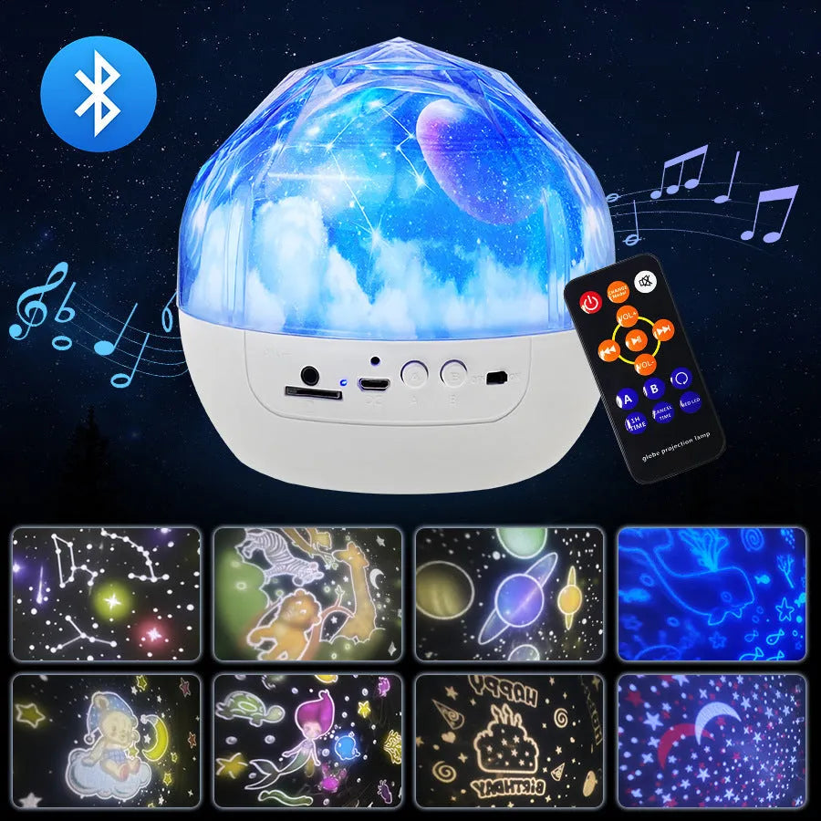 A cartoon-style starry sky projector lamp projecting constellation scenes onto a dark wall.