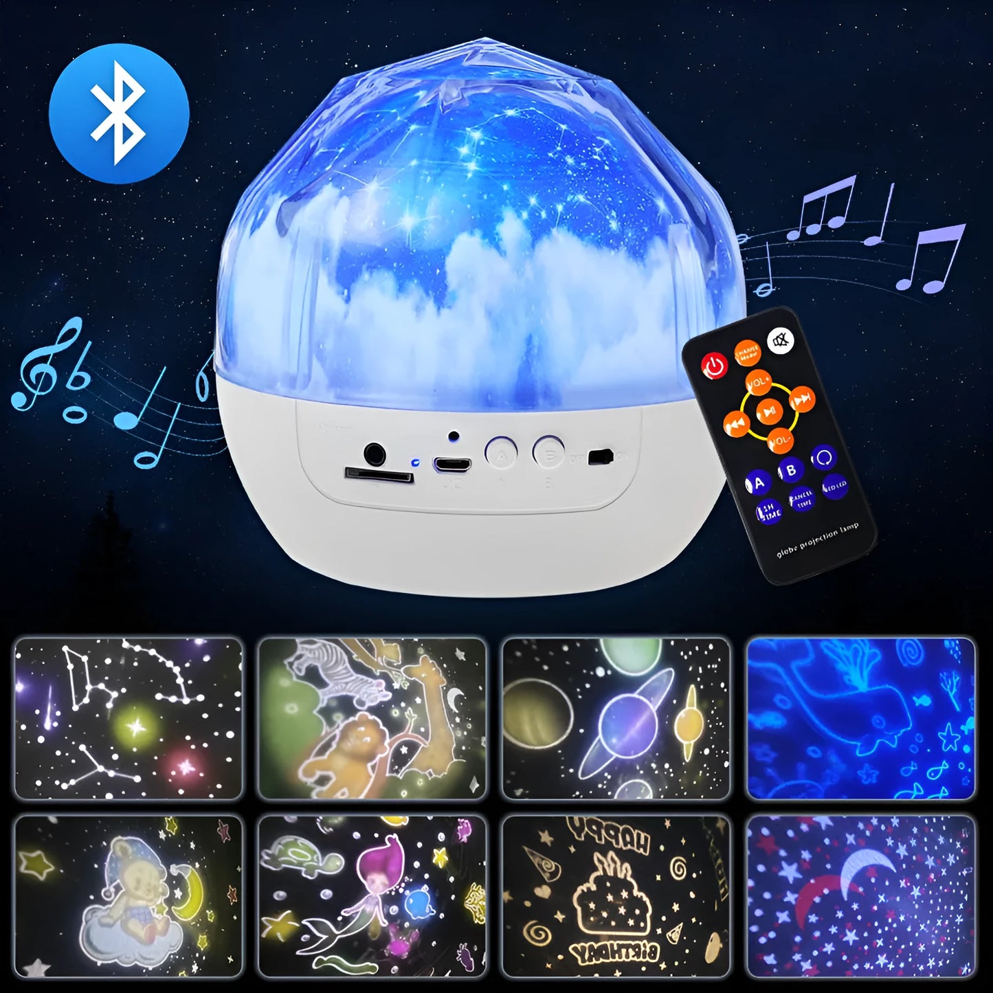 A cartoon-style starry sky projector lamp projecting constellation scenes onto a dark wall.
