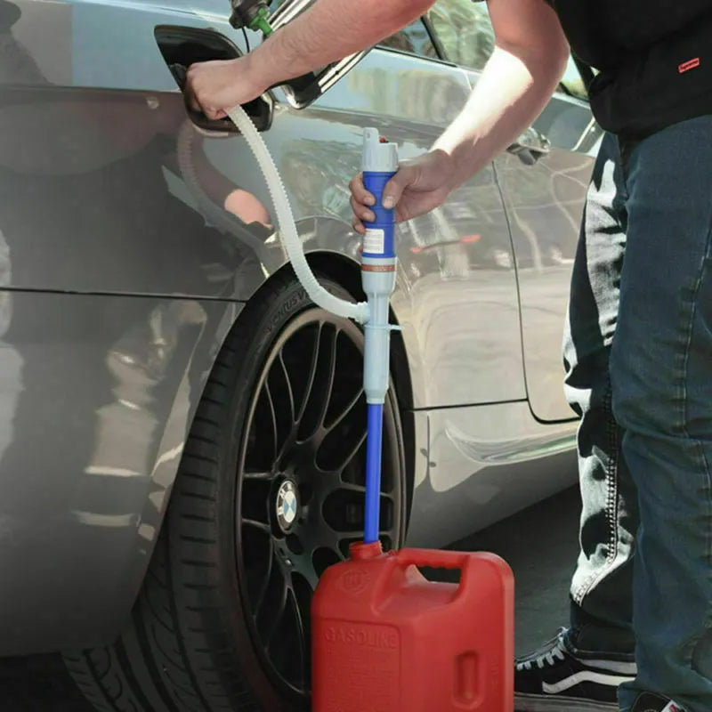 Blue and red manual siphon pump for fuel and liquid transfer