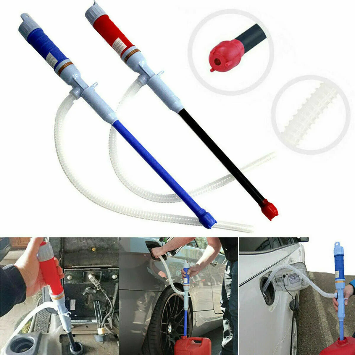 Blue and red manual siphon pump for fuel and liquid transfer