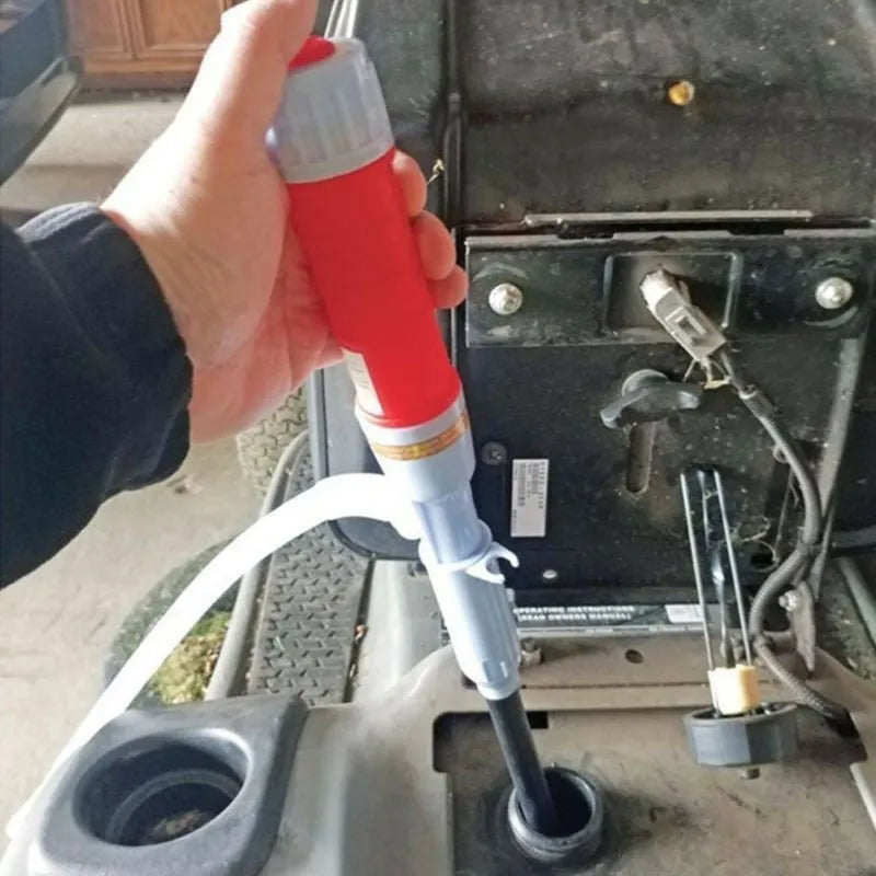 Blue and red manual siphon pump for fuel and liquid transfer