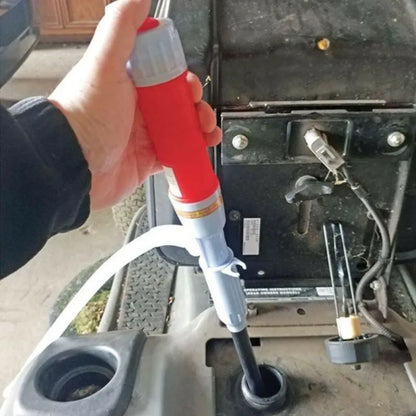 Blue and red manual siphon pump for fuel and liquid transfer