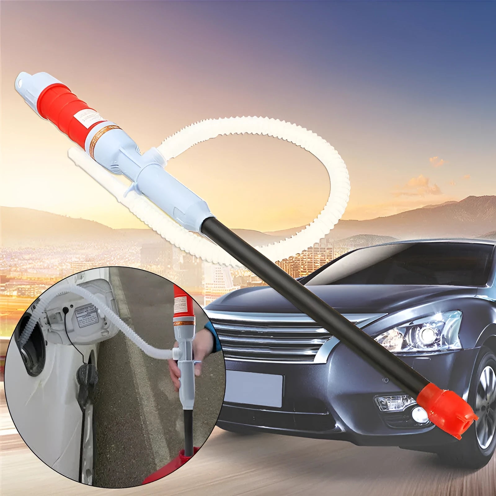 Blue and red manual siphon pump for fuel and liquid transfer