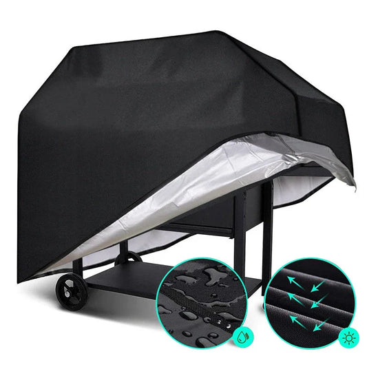 Premium heavy-duty outdoor grill cover made of durable 210D Oxford cloth with water-resistant silver coating and secure locking rope for all-weather protection