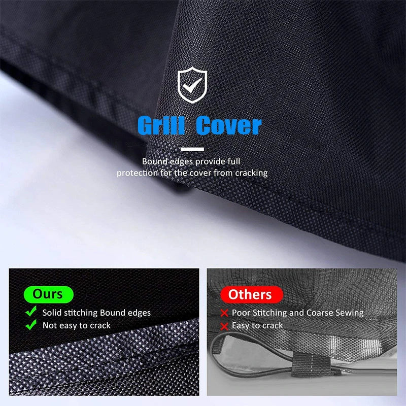 Premium heavy-duty outdoor grill cover made of durable 210D Oxford cloth with water-resistant silver coating and secure locking rope for all-weather protection