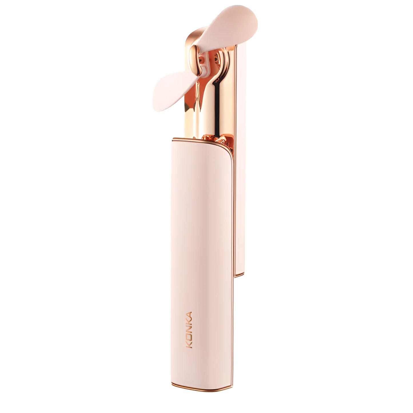 Pink folding handheld fan with USB charging port and two-speed mechanical control