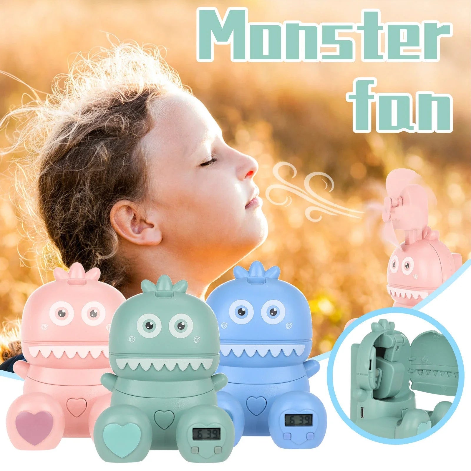 Compact USB-powered mini desktop fan with cartoon design and colorful LED lights for cooling and style
