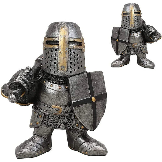 Decorative resin dwarf knight statues in various warrior poses, designed to protect and enchant garden and lawn spaces