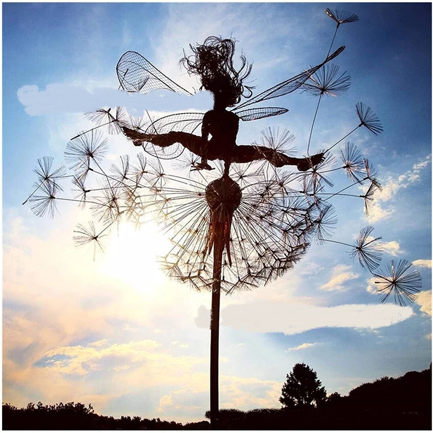 Enchanting fairy garden sculptures made of metal, featuring playful designs of fairies and pixies among dandelions and flowers.