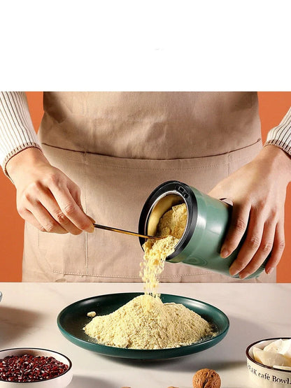 Small white grain grinder with 120g capacity and 5000 rpm motor for household flour milling