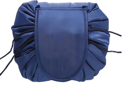 Stylish and roomy makeup travel bag with multiple color options, featuring a spacious interior and drawstring closure for secure storage of beauty essentials.