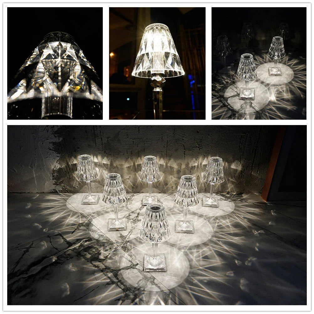 Elegant acrylic crystal table lamp with touch-sensitive dimming and rechargeable battery for home, bedroom and cafe use