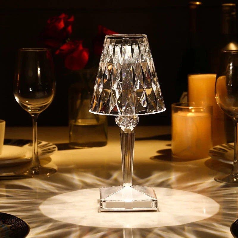 Elegant acrylic crystal table lamp with touch-sensitive dimming and rechargeable battery for home, bedroom and cafe use