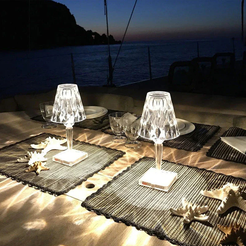 Elegant acrylic crystal table lamp with touch-sensitive dimming and rechargeable battery for home, bedroom and cafe use