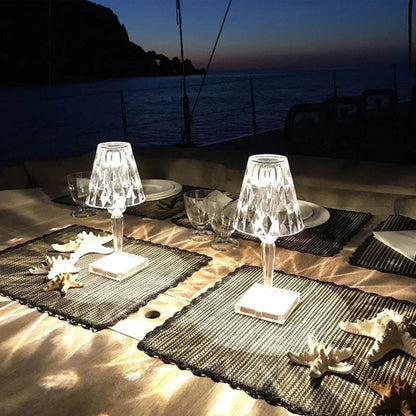 Elegant acrylic crystal table lamp with touch-sensitive dimming and rechargeable battery for home, bedroom and cafe use