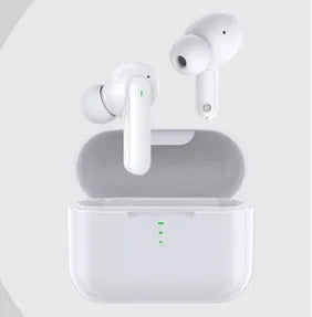 Black or white wireless Bluetooth in-ear headphones with a magnetic charging case on a table.