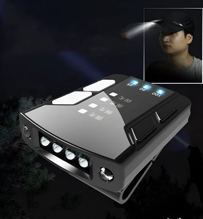 USB rechargeable fishing headlight with clip-on cap attachment and power indicator display