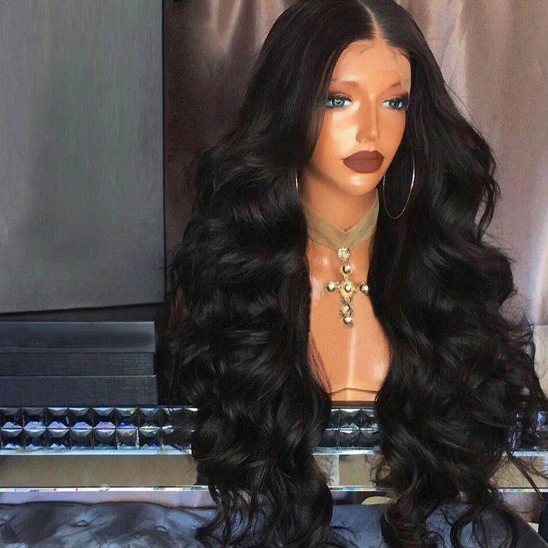 Black big wave front lace wig with 30cm length and oblique bangs on adjustable cap