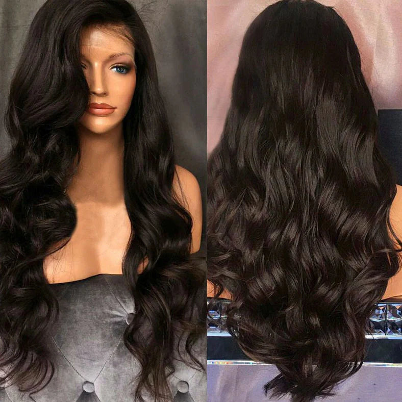 Black big wave front lace wig with 30cm length and oblique bangs on adjustable cap