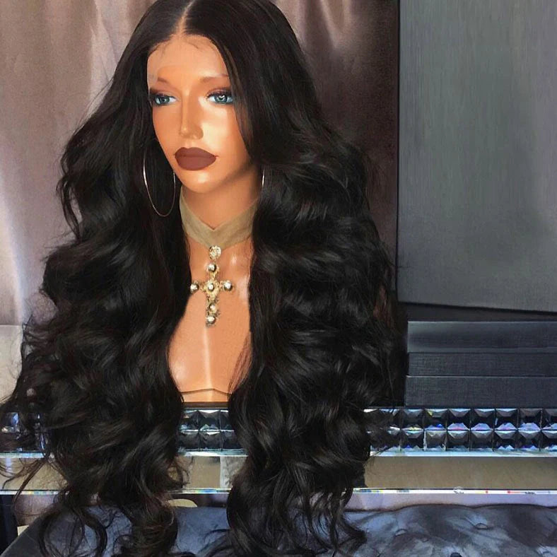 Black big wave front lace wig with 30cm length and oblique bangs on adjustable cap