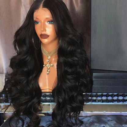 Black big wave front lace wig with 30cm length and oblique bangs on adjustable cap