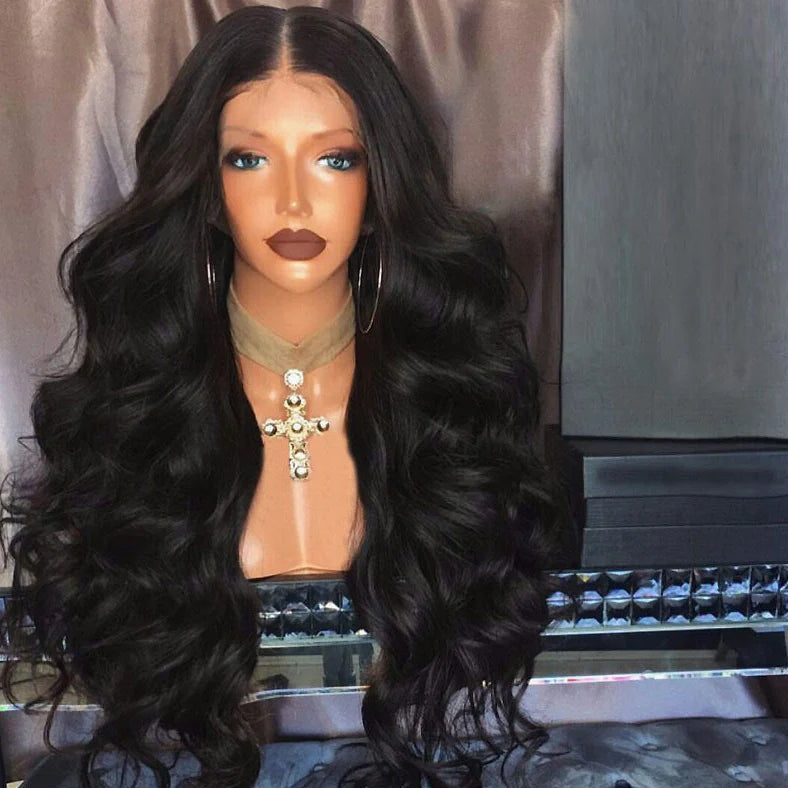Black big wave front lace wig with 30cm length and oblique bangs on adjustable cap