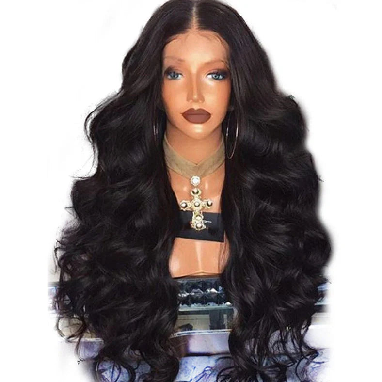 Black big wave front lace wig with 30cm length and oblique bangs on adjustable cap