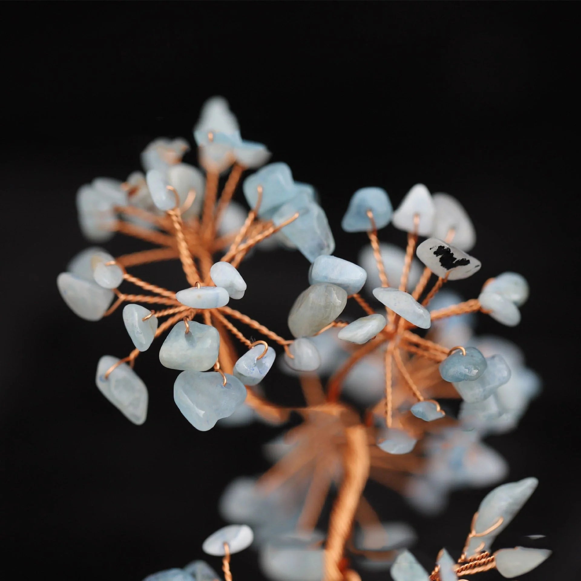 Aquamarine Crystal Fortune Tree Ornament with light blue hue and plant modelling
