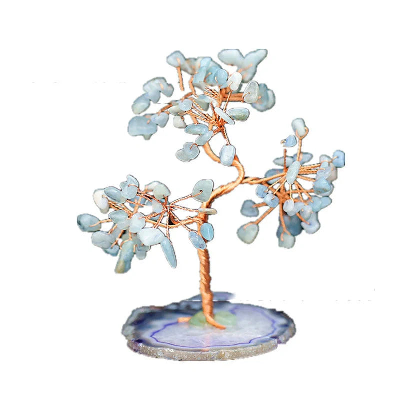 Aquamarine Crystal Fortune Tree Ornament with light blue hue and plant modelling