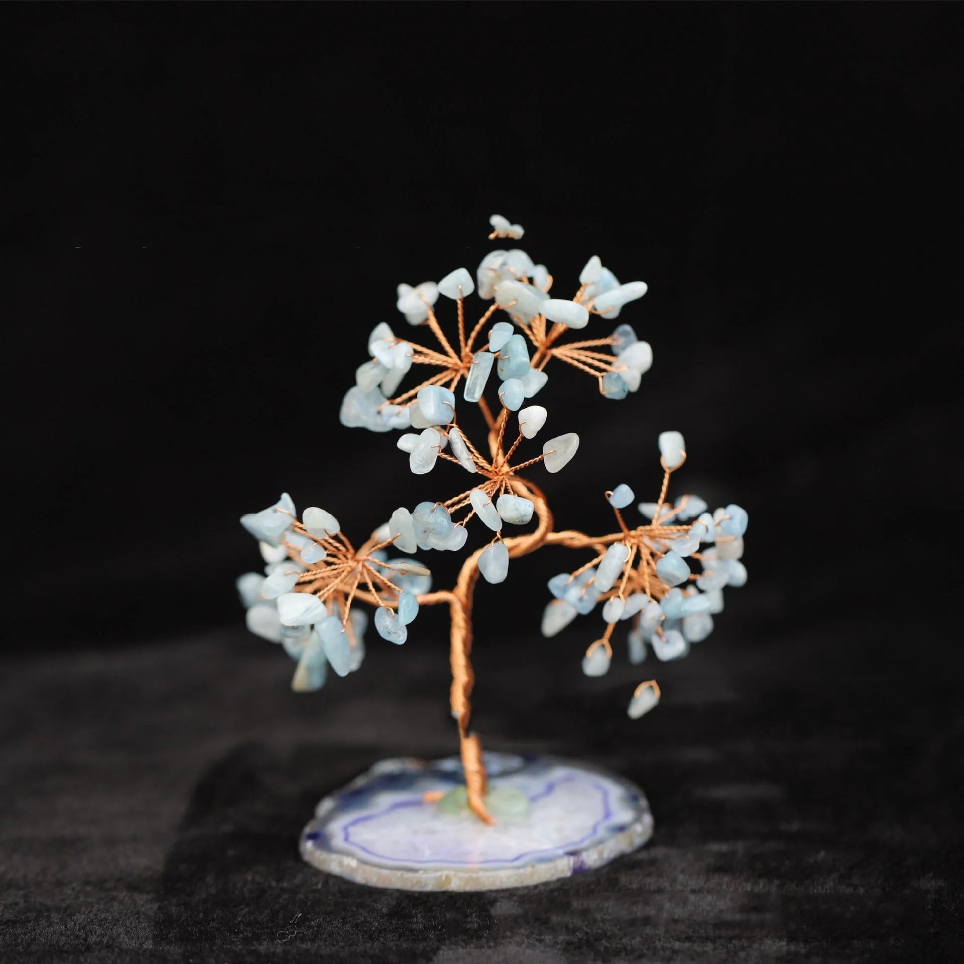 Aquamarine Crystal Fortune Tree Ornament with light blue hue and plant modelling