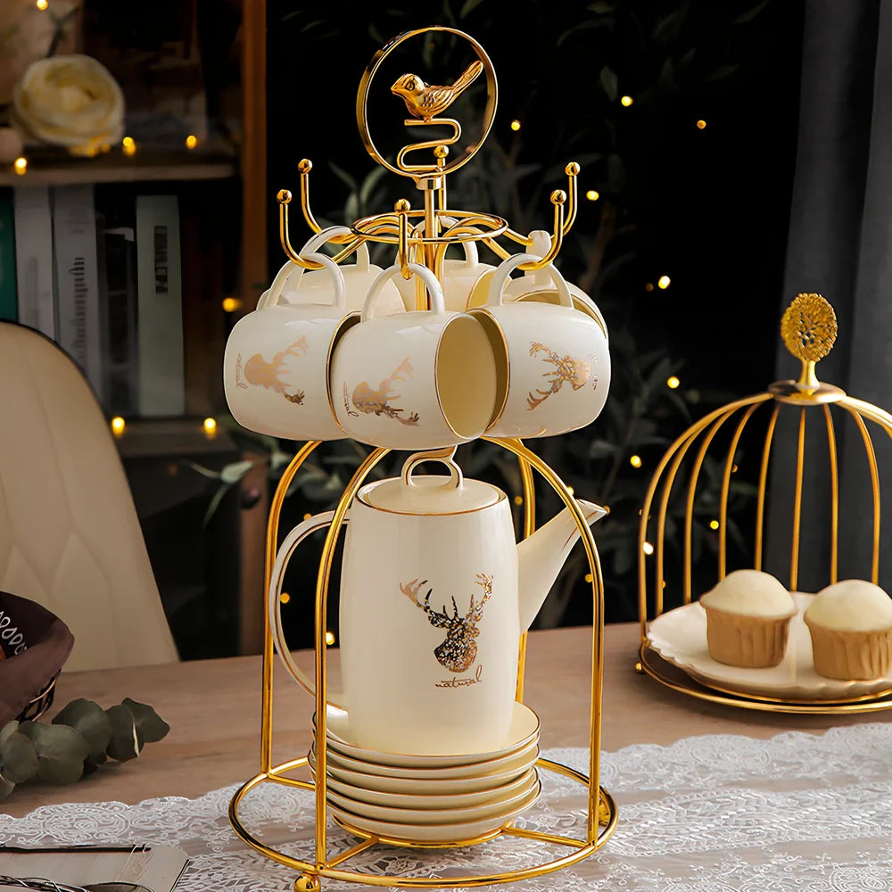 13-piece Chinese herbal tea set with elk bird stand, teapot and six 200ml cups in purple clay porcelain