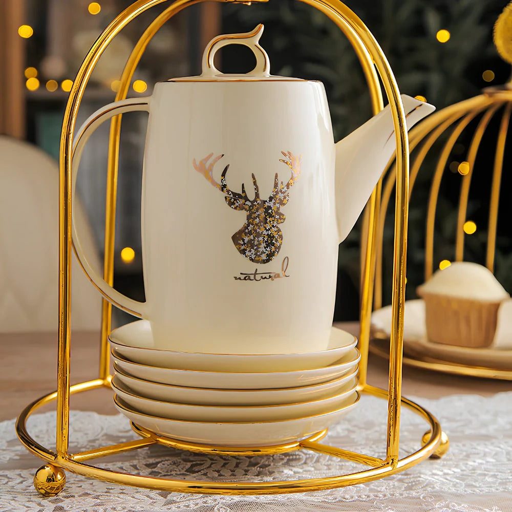 13-piece Chinese herbal tea set with elk bird stand, teapot and six 200ml cups in purple clay porcelain