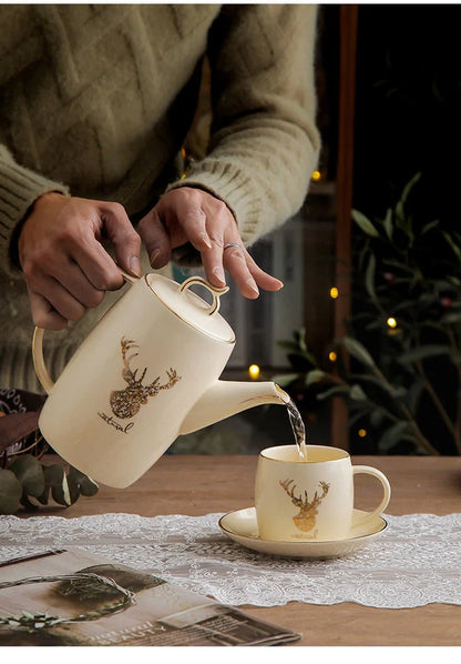 13-piece Chinese herbal tea set with elk bird stand, teapot and six 200ml cups in purple clay porcelain