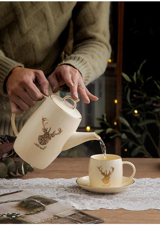 13-piece Chinese herbal tea set with elk bird stand, teapot and six 200ml cups in purple clay porcelain