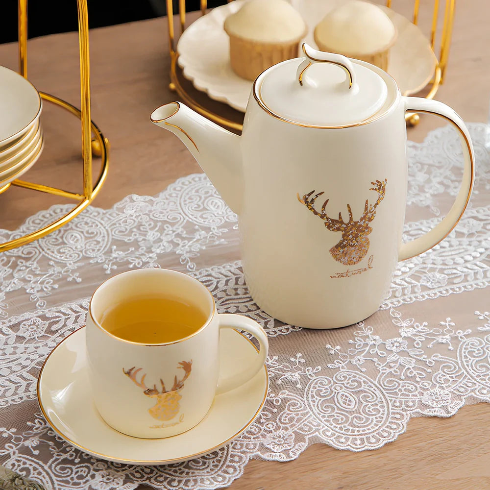 13-piece Chinese herbal tea set with elk bird stand, teapot and six 200ml cups in purple clay porcelain