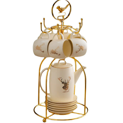 13-piece Chinese herbal tea set with elk bird stand, teapot and six 200ml cups in purple clay porcelain