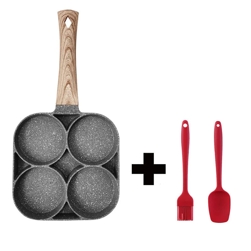 Four-hole aluminium frying pan with medical stone non-stick coating and bakelite handle on a hob