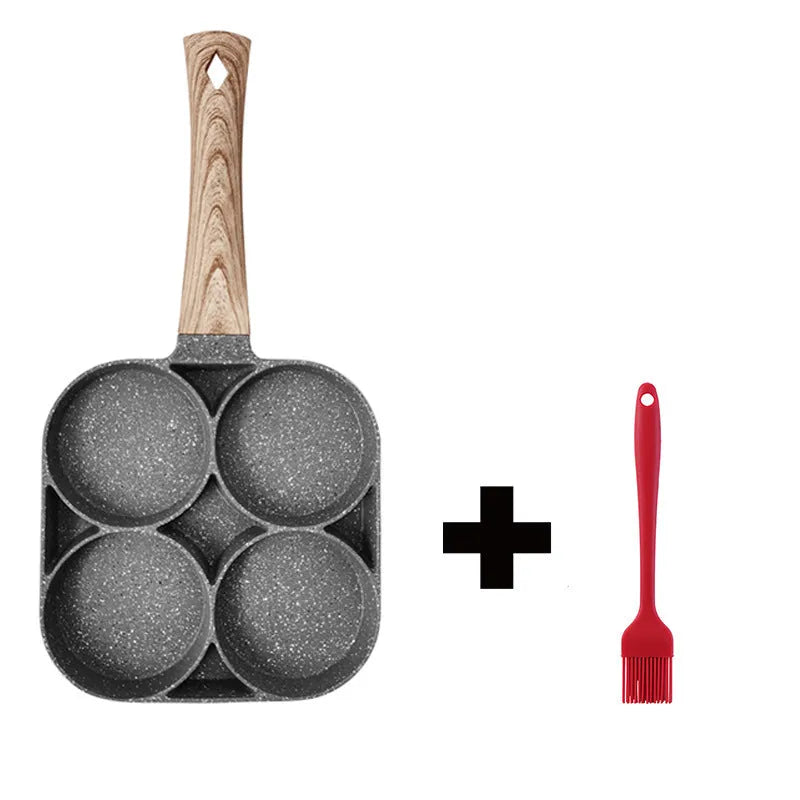 Four-hole aluminium frying pan with medical stone non-stick coating and bakelite handle on a hob