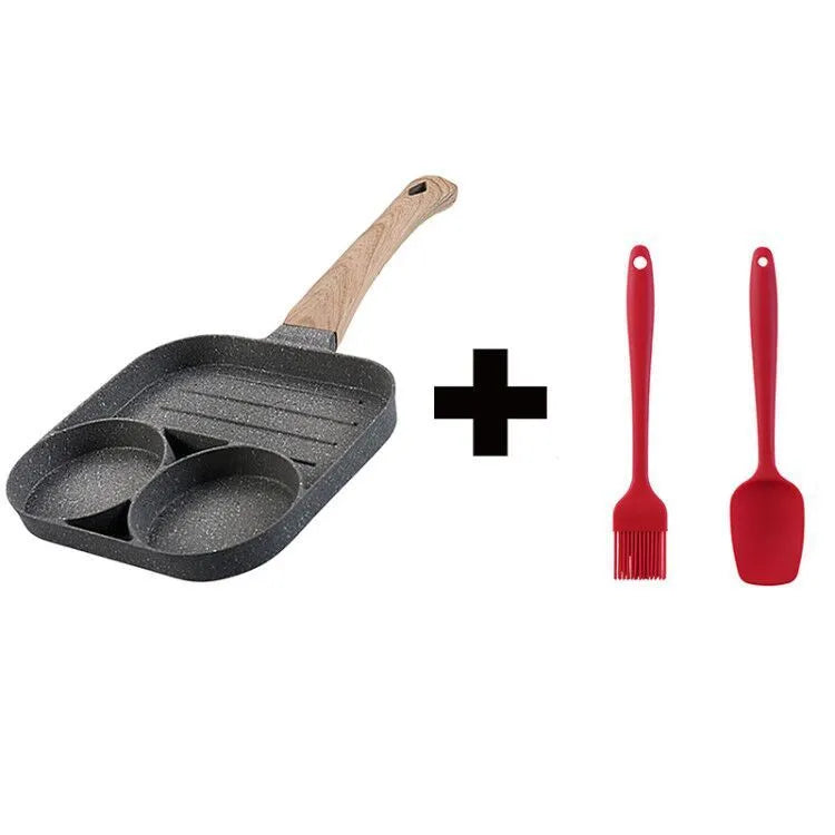 Four-hole aluminium frying pan with medical stone non-stick coating and bakelite handle on a hob