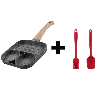 Four-hole aluminium frying pan with medical stone non-stick coating and bakelite handle on a hob