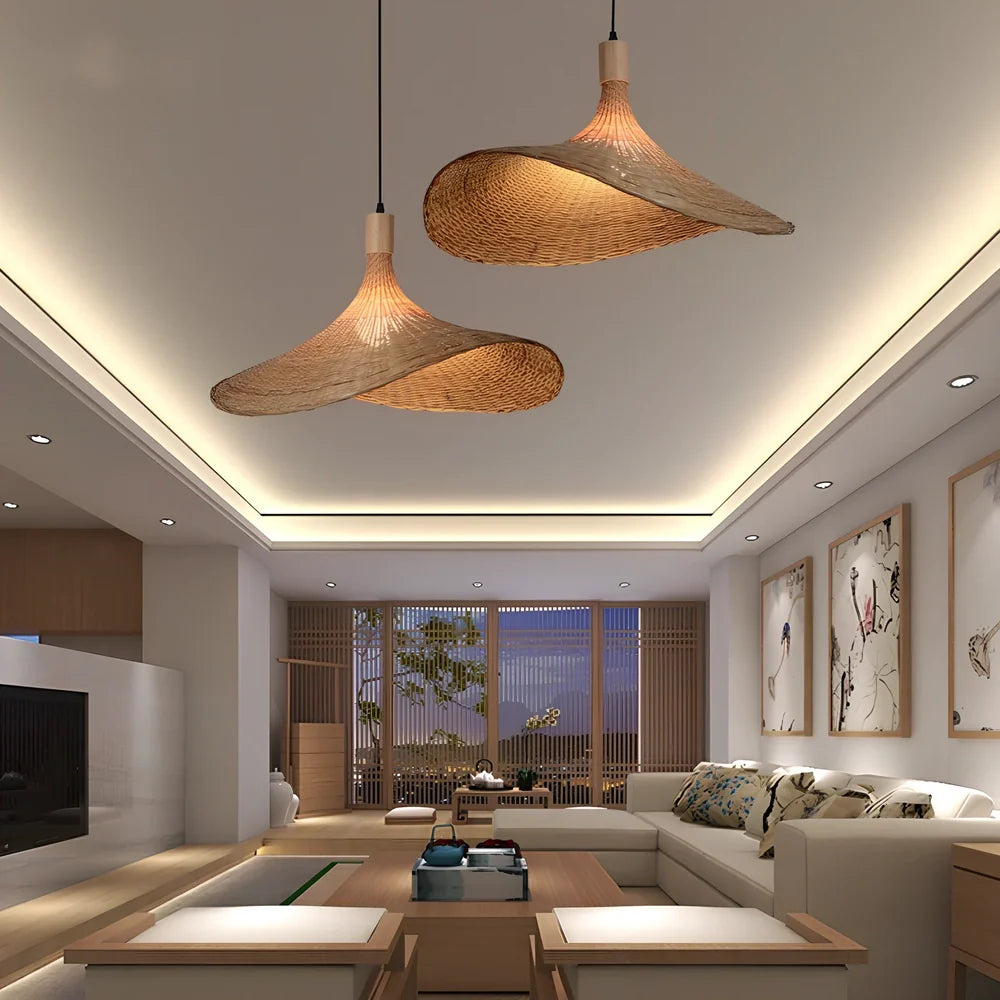 Bamboo rattan chandelier 30cm diameter with adjustable 1m height, Southeast Asian style in warm light mode