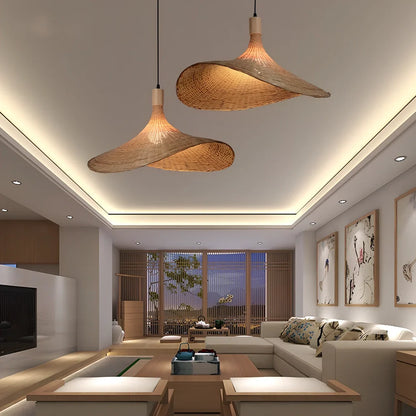 Bamboo rattan chandelier 30cm diameter with adjustable 1m height, Southeast Asian style in warm light mode