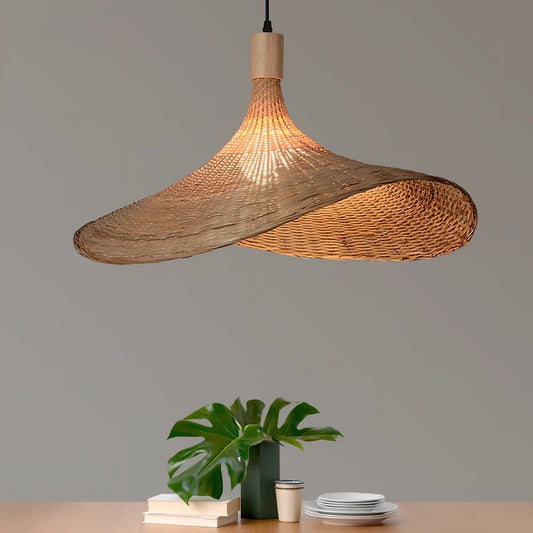 Bamboo rattan chandelier 30cm diameter with adjustable 1m height, Southeast Asian style in warm light mode