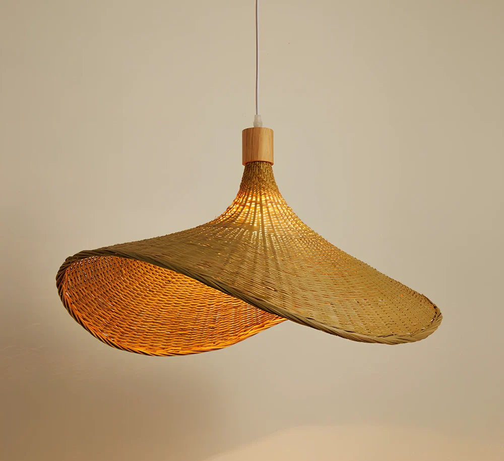 Bamboo rattan chandelier 30cm diameter with adjustable 1m height, Southeast Asian style in warm light mode