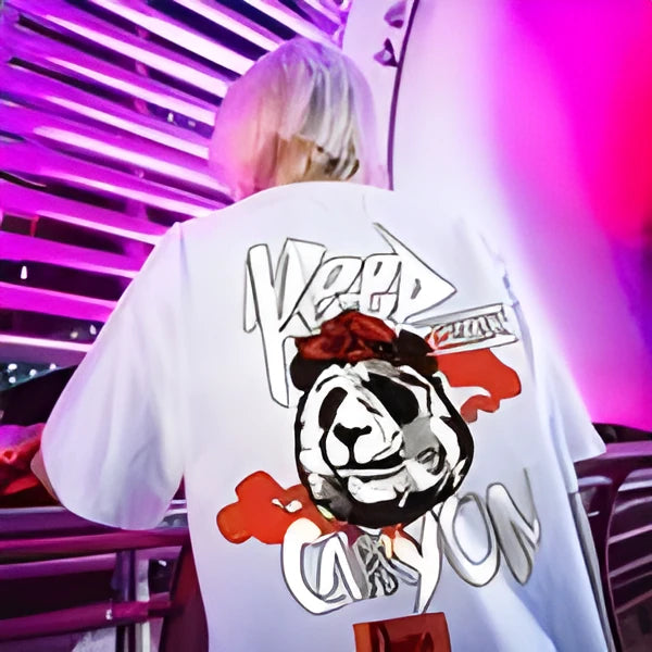WLS Panda On cotton short sleeve T-shirt with cartoon panda graphic in Korean streetwear style, black and white colour options