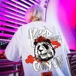 WLS Panda On cotton short sleeve T-shirt with cartoon panda graphic in Korean streetwear style, black and white colour options