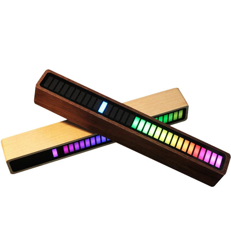 Bluetooth-enabled sound-activated rhythm lighting lamp with wooden frame, customizable LED display, and mobile app control